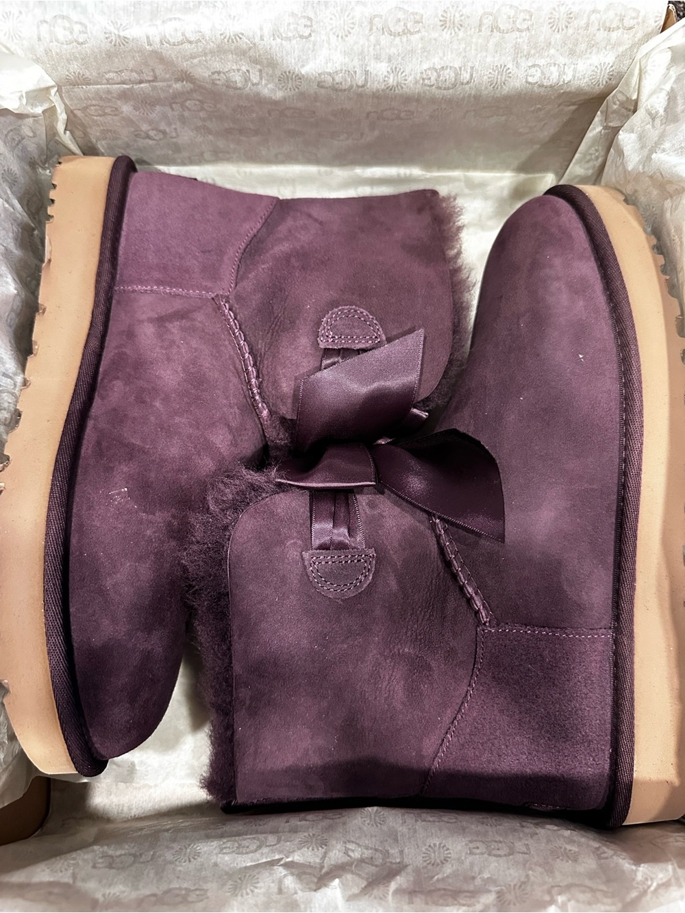 UGG Plum Suede Shearling Ankle Booties with Satin Ribbon